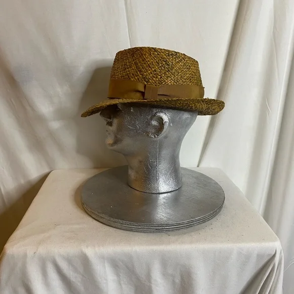 Vintage Makin New York Tan Woven Fedora straw hat and ribbon trim size L